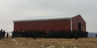 Amish men move a barn in Ohio