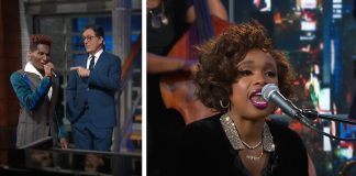 Jennifer Hudson and Stephen Colbert and Jon Batiste singing Aretha Franklin's Natural Woman