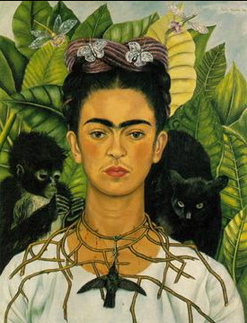 Self-portrait with thorn necklace and hummingbird