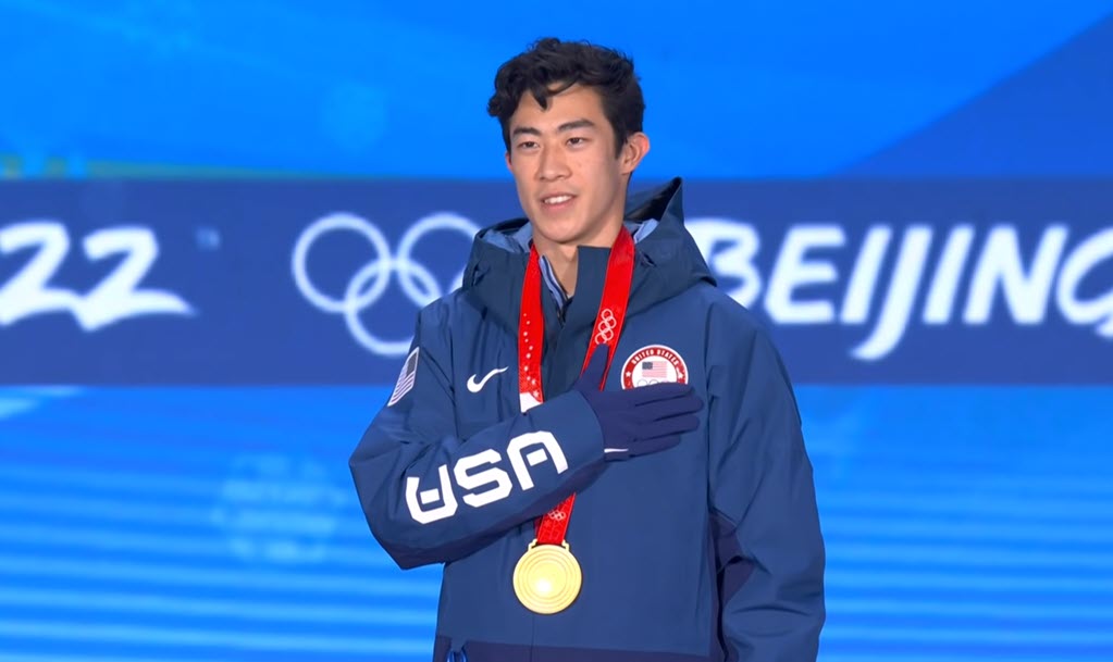 Nathan Chen accepting Olympic Gold Medal
