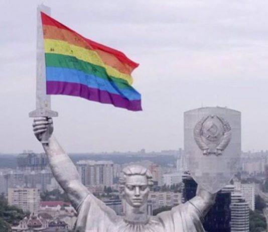 LGBTQ+ Activists Used a Drone to Put Pride Flag Atop Ukraine’s Version of Statue of Liberty Ukraine Motherland statue pride flag